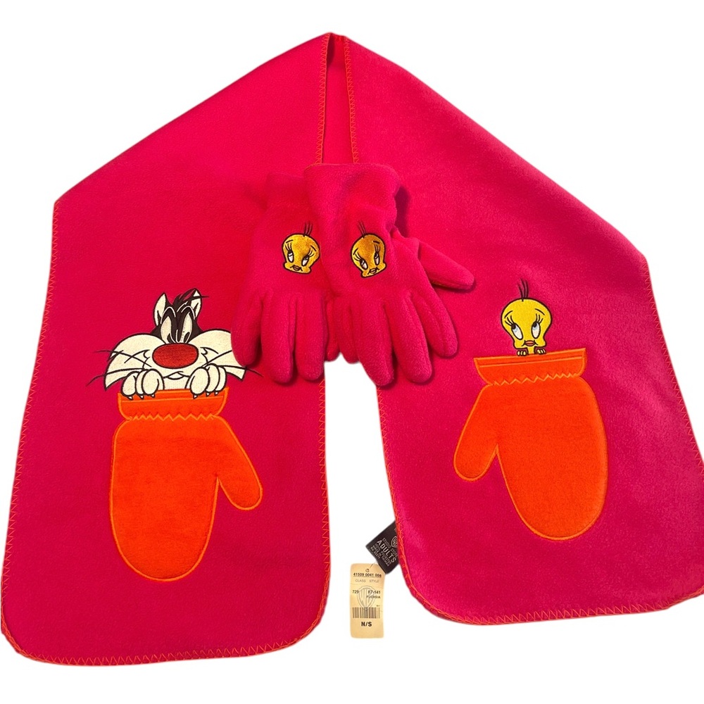 Vintage Warner Bros. ~ Tweety And Sylvester Winter Scarf & Gloves Fuchsia 1997